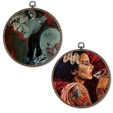 Imagem de Giosve Pôster emoldurado vintage inspirado em tatuagem Frankenstein e noiva de Frankenstein, arte de parede redonda, filme de monstro de terror gótico, esculturas de parede penduradas para decoração