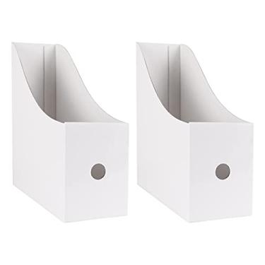 Imagem de Limitliho Porta-revistas de papelão branco (pacote com 2), caixas de arquivo de revistas de etiquetas para escritório em casa e mesas de trabalho, 27 cm A × 26 cm C × 8,8 cm L, suporte de pasta para revistas