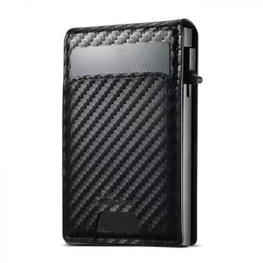 Imagem de JIAONASHIJIA Mini carteira masculina minimalista de couro, porta-cartão de crédito, janela pop-up e identidade, ultraleve, fecho magnético, bloqueio RFID., Fibra de carbono, Moderno