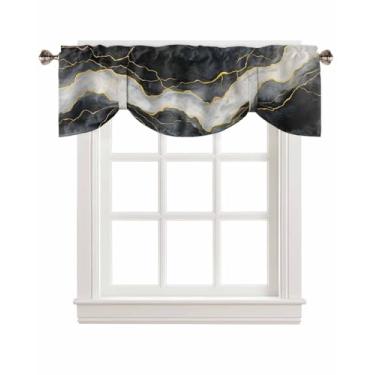 Imagem de Cortinas de saia de amarrar com textura de mármore preto e branco, arte abstrata, cozinha, sala de estar, 137 x 45 cm, bolso ajustável para varão, dourado, preto, tratamento para janela, 1 painel