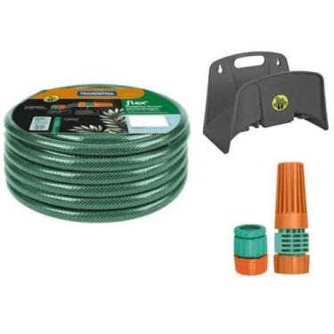 Imagem de Mangueira de Jardim Flex Verde com Suporte Mural Esguicho e Engate Ros