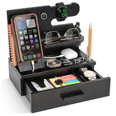 Imagem de TESLYAR Estação de ancoragem de telefone de madeira com gaveta - organizador de mesa de cabeceira - organizador de mesa para marido - presentes de aniversário para homens, pai, ideia de aniversário