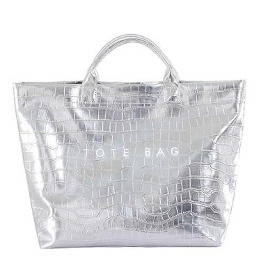 Imagem de Ansseng Sacola feminina de PVC grande papel kraft de plástico transparente alça superior bolsa Hobo transparente bolsa rosa choque, Prata