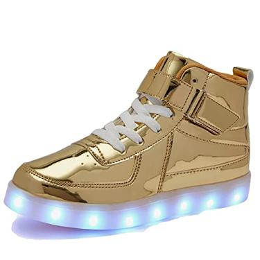 Imagem de Sufuinu Tênis infantil com luz LED carregamento USB cano alto piscando novidade sapato infantil luminoso para aniversário, festa, presente de desempenho, Espelhado, dourado, 2 Little Kid