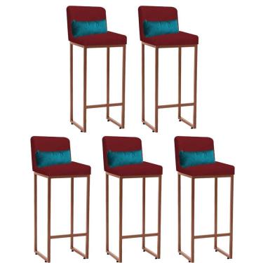 Imagem de Kit 05 Banqueta Alta Com Encosto Industrial Ferro Bronze Suede Vermelho E Almofada Azul Turquesa