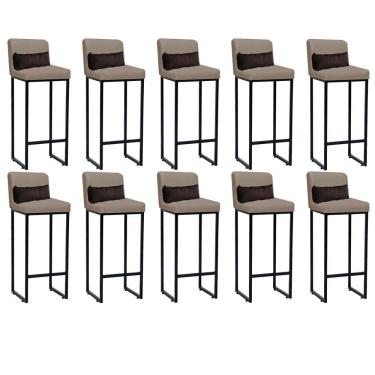 Imagem de Kit 10 Banqueta Alta Com Encosto Balcão Ferro Preto Corino Bege E Almofada Marrom