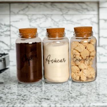 Imagem de Kit Cantinho do Café - Café, Açúcar e Biscoitos | 3 potes de Vidro 830ml com Tampa Rolha + Adesivos