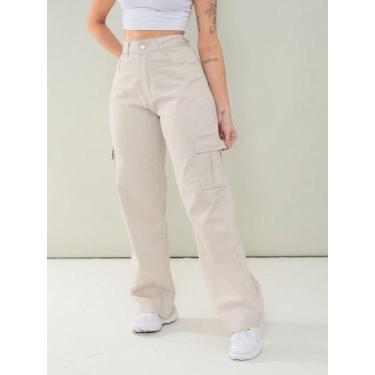 Imagem de Calça Wide Leg Feminina Bolso Cargo - UJEANS, Bege, 40