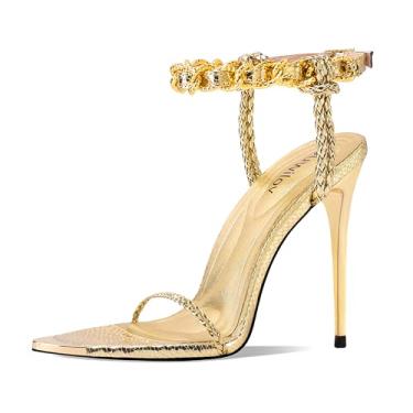 Imagem de Ouwilov Sandálias femininas sexy pretas de salto alto com corrente dourada e tiras trançadas, perfeitas para festas com bico fino de metal brilhante, Cobra dourada, 37 BR