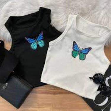 Imagem de Cropped feminino borboleta sem manga malha canelada moça - filo modas,