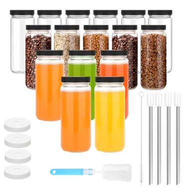 Imagem de Zukro Garrafas de suco de vidro com tampas de 473 ml | Pacote com 16 frascos de boca larga à prova de vazamento, transparente, reutilizável, com 4 canudos para suco, smoothie, água, chá de bolhas |