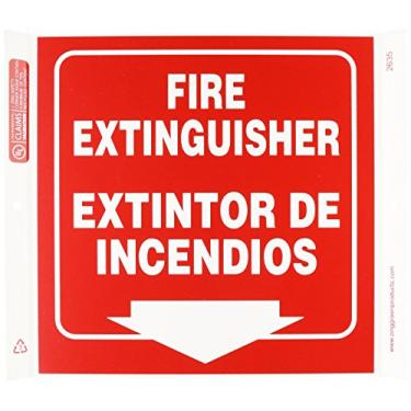 Imagem de ZING 2635 Placa de canto de segurança ecológica, extintor de incêndio bilíngue, 10Hx10W, plástico reciclado