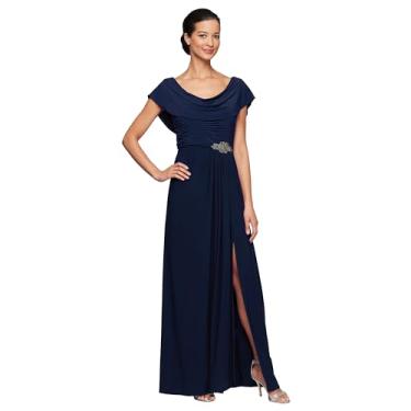 Imagem de Alex Evenings Vestido feminino plus size longo gola drapeada evasê, Azul marino, 46