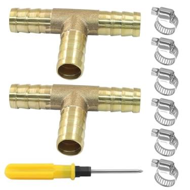Imagem de Seimneire 2 peças de acessórios de farpa de latão de 9,5 mm com 6 peças de braçadeiras de tubo de aço inoxidável, emenda de farpa de mangueira de interseção de união em forma de T de 3 vias para água