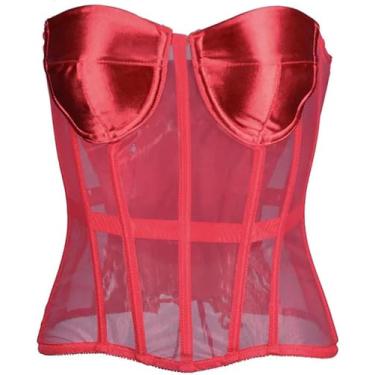 Imagem de Mulheres Espartilho Bustiers Com Sutiã Transparente Malha Cintura Cintura Shaper Colete Strapless Push Up Corpetes, Red, L