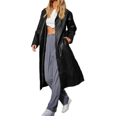 Imagem de Trench Coat Feminino Manga Longa Lapela Cardigan Jaqueta Cor Sólida Cinto Retrô Couro Falso Longo Trench Coat, Black, S