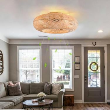 Imagem de Ventilador De Teto Vintage De Bambu Com Luz Boêmia Silencioso E27 Ventiladores De Teto Reversíveis Com Luzes Bambu Com Controle Remoto Ventilador De Montagem Embutida Interno L, One Color, A