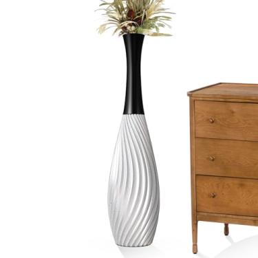Imagem de Rocendlor Vasos altos prateados de 59,9 cm – Vaso alto de gota de pescoço preto com linhas verticais texturizadas e acabamento salpicado, vaso decorativo moderno para sala de estar, escritório