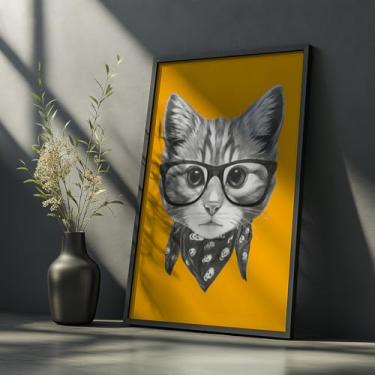 Imagem de Quadro Decorativo Gato Com Óculos Com Moldura Arte Pop Pet Divertido Estilo Retrô Fundo Amarelo Parede Moderna Criativa Animal
