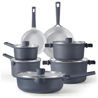 Imagem de Jogo de Panelas Cerâmicas CAROTE 12 Peças, Livre de PFOA e PFAS, Antiaderente, Compatível com Indução, Azul Marinho, 12 Peças