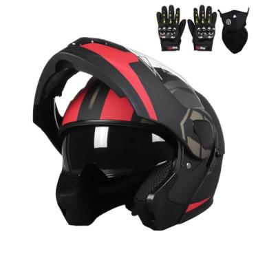Imagem de helmelkin Capacete Integral Para Motocicleta, Adulto, Motocross, Atv, Masculino E Feminino, Off-Road, Montanha, Aprovado Pela Dot, Com Luvas Máscara (Preto Vermelho, M)