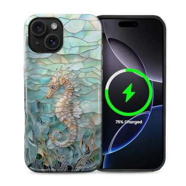 Imagem de Punmada Capa para iPhone 15 Plus para MagSafe, capa rígida híbrida à prova de choque de silicone protetora de corpo inteiro brilhante para iPhone 15 Plus vidro submarino 3D padrão de cavalo-marinho