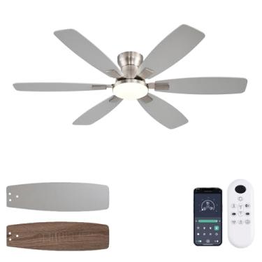 Imagem de Ayaoty Ventiladores de teto com luzes, ventilador de teto de perfil baixo de 132 cm com luz e controle remoto, montagem embutida, reversível, 3CCT, regulável, silencioso, ventilador de teto de níquel