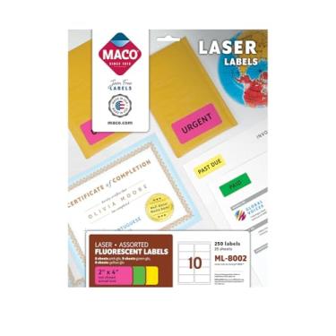 Imagem de MACO Etiquetas fluorescentes sortidas a laser, 5 x 10 cm, 10 por folha, 250 por pacote (MML-8002)
