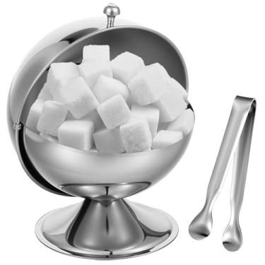 Imagem de Açucareiro de aço inoxidável com topo de rolo, tigela esférica de aço inoxidável com pinça de açúcar de 10 cm, suporte de cubo de açúcar, pote de doces, tigela de suporte de biscoitos e hortelã para