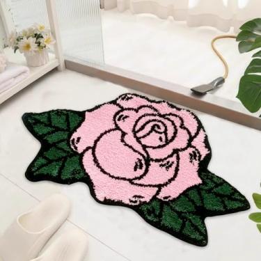 Imagem de Tapetes de banheiro rosa em forma de flor rosa tapete de banho antiderrapante tapete de porta de chão folha verde tapete de microfibra tapete de banheira absorvente lavável tapetes de banheira para