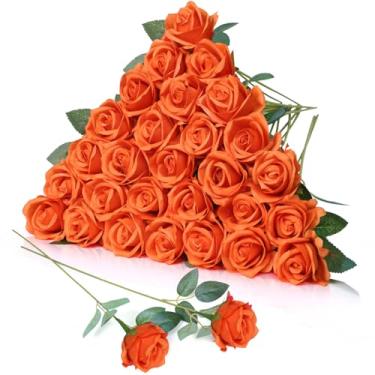 Imagem de 30 peças de flores artificiais de rosas laranjas com haste longa rosa falsa de seda em massa flores rosas realistas para casamento, buquê, centro de mesa, arranjo de bola, decoração de festa