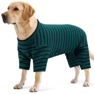 Imagem de LETSQK Pijama listrado para cães – Pijamas para cães pequenos a grandes, terno de lã que cai, elástico e lavável na máquina, corte de barriga para machos, ótimo para cirurgia e clima frio, verde 4GG