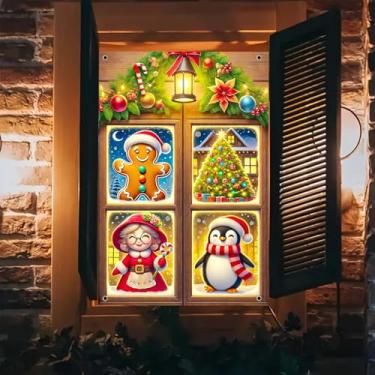 Imagem de BlissYard Capa de janela de Natal 78 x 129 cm decoração de pinguim árvore de gengibre painel de quatro grades faixa de janela interior fundo de parede Papai Noel avó cena bengala doce exibição de