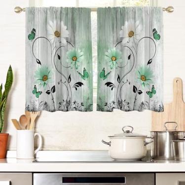 Imagem de AAtter Cortinas de janela florais verdes para cozinha, flor, fofa, retrô, rústica, sálvia, menta, margarida, pequena, curta, casa, sala de estar, quarto, banheiro, cortinas de tratamento, camadas de