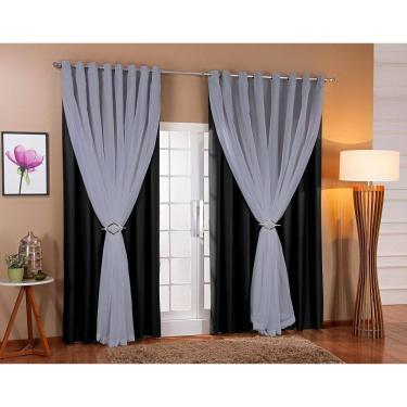 Imagem de Cortina Voil Forro Blackout Tecido 4,00X2,50 Cinza/Preto