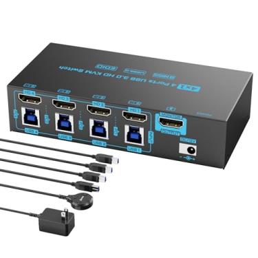 Imagem de Interruptor HDMI 2.1 KVM 8K 4 computadores 4 portas USB 3.0 8K @60Hz/4K @144Hz 4 em 1 teclado de saída mouse KVM Switch EDID emulador para 4 PC com 1 monitor e 4 dispositivos USB, 4 cabos USB 3.0 e