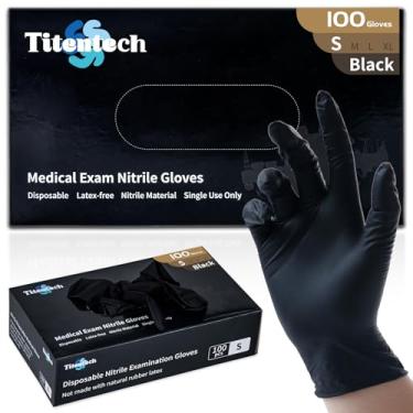Imagem de Titentech Luvas de exame de nitrilo descartáveis pretas luvas descartáveis seguras para alimentos 3 mil 100 peças/caixa, pequena, resistência química, trabalho de salão, tatuagens