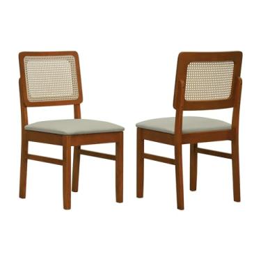 Imagem de Kit 2 Cadeiras Madeira Maciça Lyon Encosto Telinha Natural - Amêndoa - Assento Estofado Linho Bege