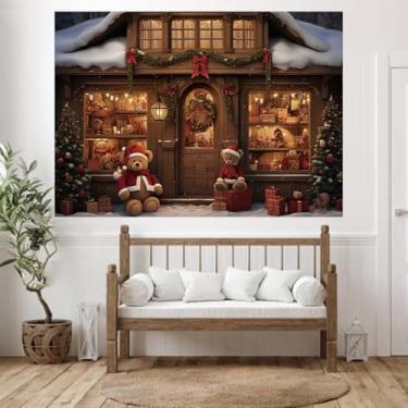 Imagem de Pano de fundo de Natal para fotografia Loja de brinquedos do Papai Noel, presente de Natal, árvore de Natal, decoração de festa em família, pano de fundo vintage rústico (1,5 x 0,9 m)