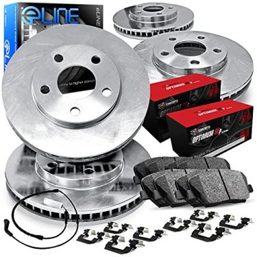 Imagem de R1 Concepts Rotores de freio traseiros dianteiros da série eLINE com pastilhas OEP ideais, kit de ferragens e fio do sensor compatíveis com Audi A4 Quattro 2017-2019