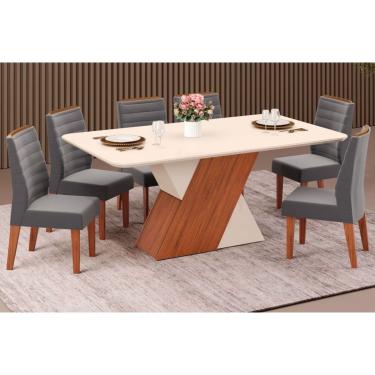 Imagem de Conjunto: Mesa Sala Jantar Rubi Tampo Madeirado c/ Vidro Canto Reto 170x90cm e 6 Cadeiras Ondina Freijo/Off White/Off White - Suede Lunar - DJ Móveis
