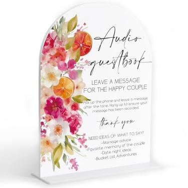 Imagem de Placa de áudio para livro de visitas de casamento, arco com tema floral, placas de mesa de recepção acrílicas para festas de chá de panela, decorações de mesa de recepção de casamento, acessórios para