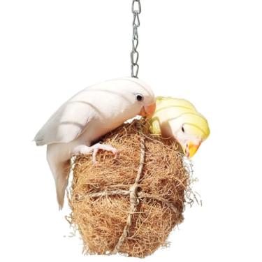 Imagem de Brinquedos de forrageamento pendurados para gaiola de pássaros, brinquedo de mastigar papagaio, bolas de fibra de coco natural penduradas para mastigar, amigo do ambiente, alívio de estresse, ideal