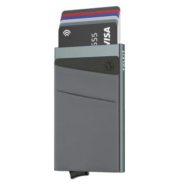 Imagem de VULKIT Porta-cartões com bolso para dinheiro, carteira pop-up com bloqueio de RFID, capa fina de metal para cartões bancários comporta 5 cartões e notas, Cinza espacial, S, Minimalista