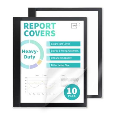 Imagem de Binditek Pacote com 10 capas de relatório frontais resistentes com 3 pinos, capacidade para 100 folhas, pasta de relatório de plástico com capas traseiras pretas, 3 fixadores de garras de metal, para