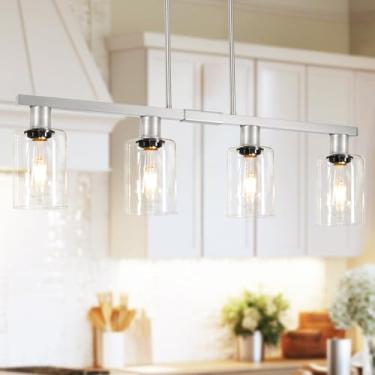 Imagem de Iluminação de ilha de cozinha de 4 luzes de níquel escovado, luzes de ilha ajustáveis para cozinha com persianas de vidro transparente - Iluminação pendente de cozinha sobre pia, lustre de fazenda