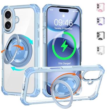 Imagem de WPCase Capa transparente para iPhone 17 com suporte [compatível com MagSafe], capa resistente de grau militar com suporte magnético giratório 360 para mulheres e homens, azul transparente