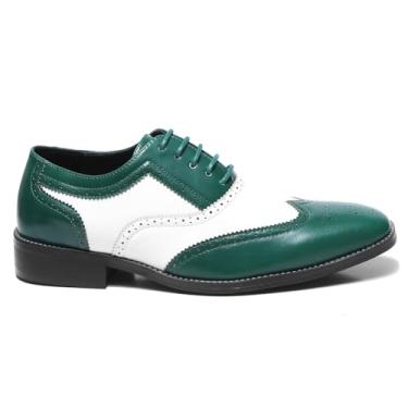 Imagem de Metrocharm Sapato social masculino Oxford em dois tons, couro sintético, estilo brogue, design com cadarço para uso formal, MC118, Verde, branco, 40