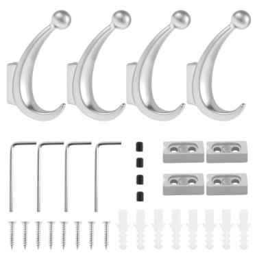 Imagem de ZFLYCANP 4 ganchos de parede de metal, gancho de toalha de porta grosso resistente, gancho de pendurar para roupas de banheiro, estilo moderno criativo para chapéu, bolsa de chaves, roupas (prata)