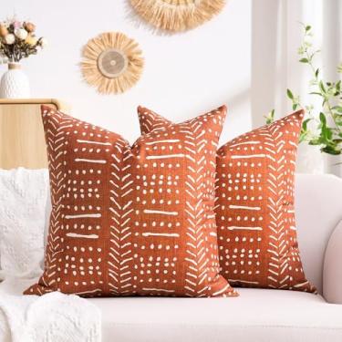 Imagem de Capas de almofada decorativas laranja queimado terracota para sofá enferrujado capas de almofadas pequenas para sala de estar 50 x 50 conjunto de 2 capas de almofada de sofá com detalhe boho vermelho